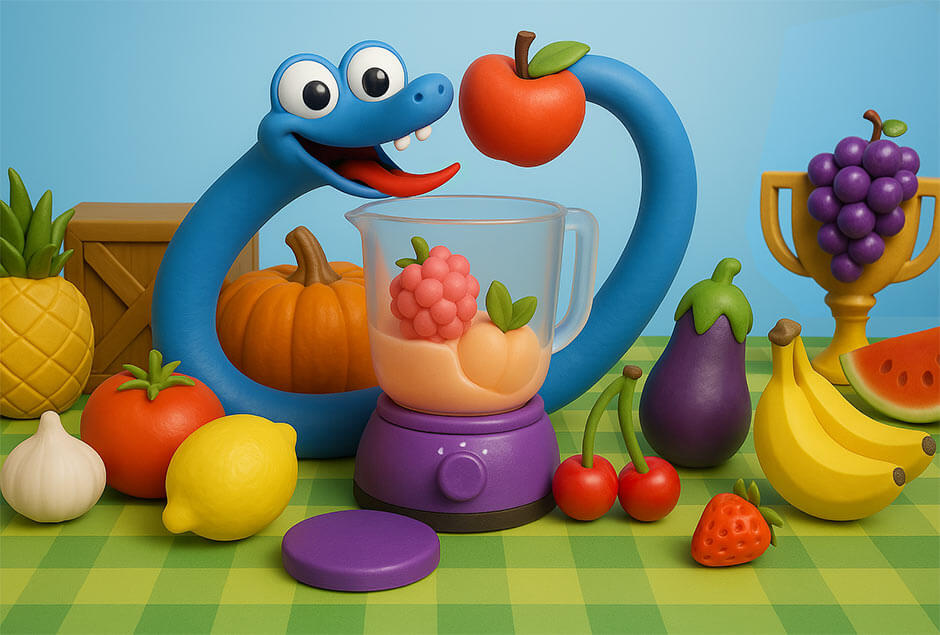 Maskoten i Google Snake omgiven av färgglada frukter och en mixer