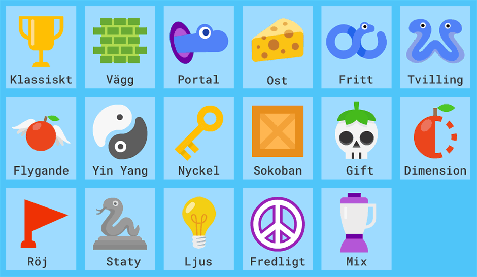 En översikt som visar alla tillgängliga spellägen i Google Snake